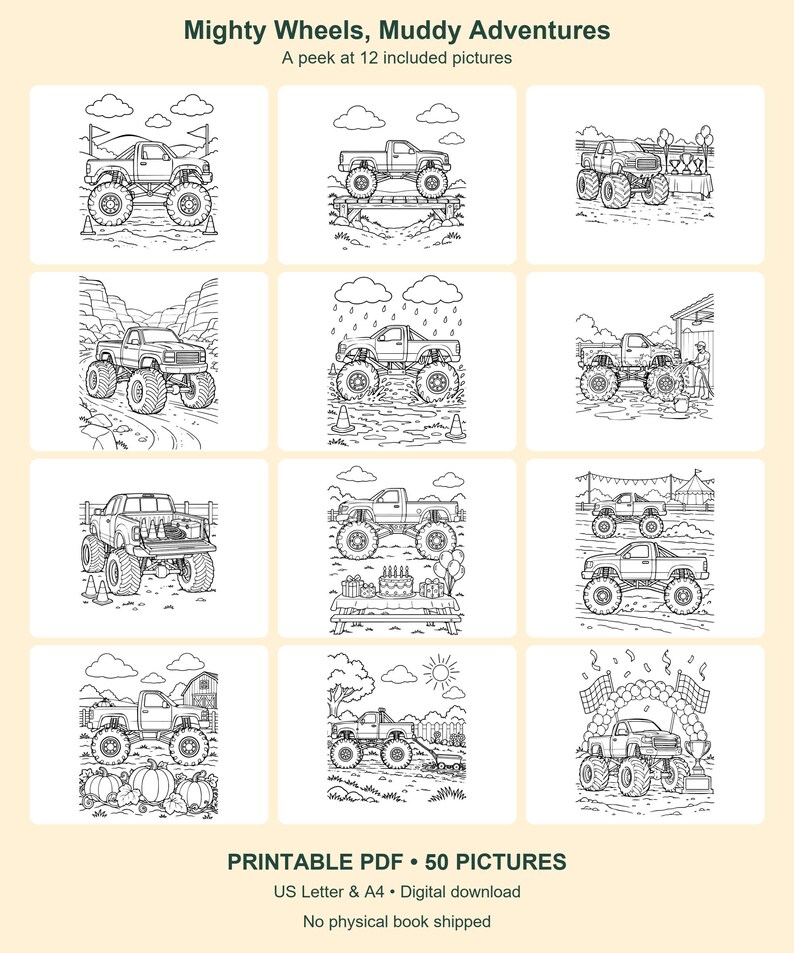 Dibujos para colorear de Monster Trucks para niños, 50 imágenes imprimibles - Mighty Wheels, Muddy Adventures - PDF tamaño carta y A4 imagen 5
