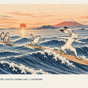 Dawn Surfers, Japanese Fuji Printable Wall Art, Surfing Rabbit Frog Monkey, Digital Download