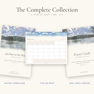 May include: A collection of printed materials including a calendar, a devotional titled 365 Days in His Word, and prayer cards. Each item features a landscape illustration of a lake and sky with the text The Complete Collection.