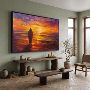 Solitary Figure at Sunset, Golden Horizon Canvas Wall Art, Dramatic Sky Landscape, Reflective Mood Decor, Vibrant Sunset Canvas