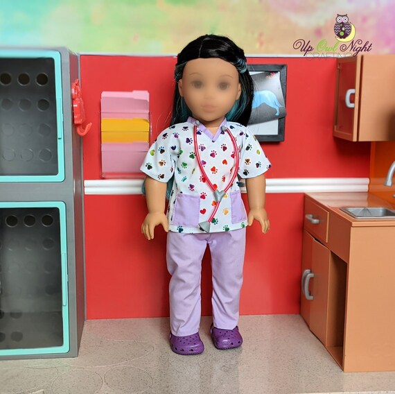 Doll Vet Scrubs Complete Outfit in Paw Pattern American Made to Fit Your 18 Girl Doll Etsy
