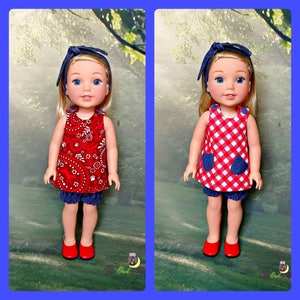 May include: Two dolls wearing red and white gingham and red paisley print dresses with blue denim shorts and red shoes. The dolls have blonde hair and blue eyes.