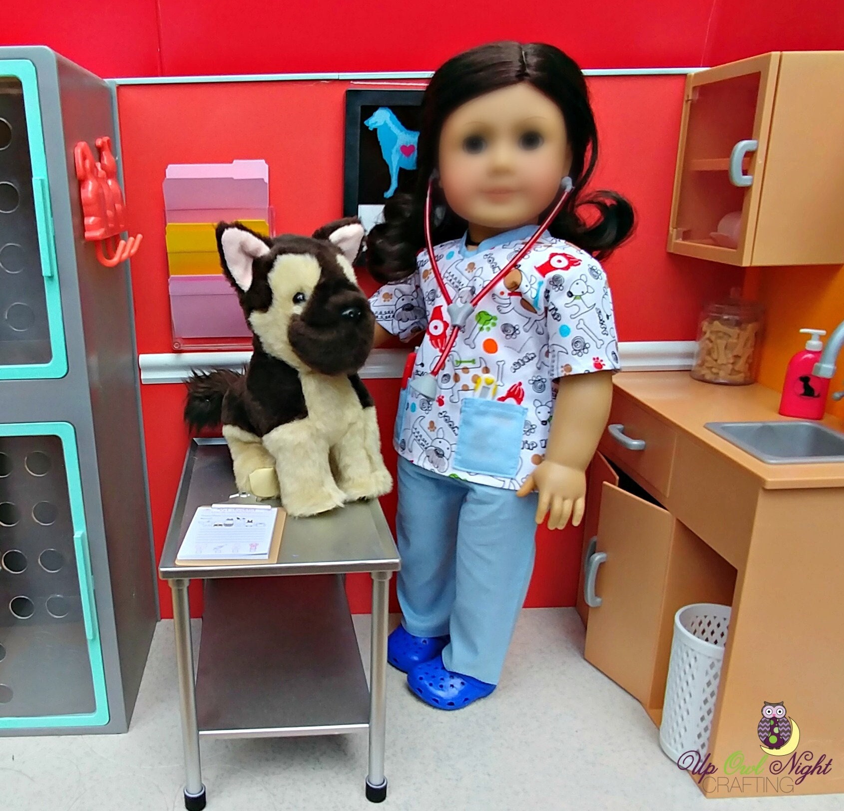 Doll Vet Scrubs -- Dog Print -- Includes Stethoscope, Shoes