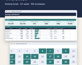 Savings Tracker Spreadsheet for Excel & Google Sheets, Sinking Funds, 100 Envelope + 52 Week Challenge