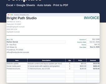 Invoice Template for Excel & Google Sheets, Editable Small Business Invoice, Client List + Payment Tracker