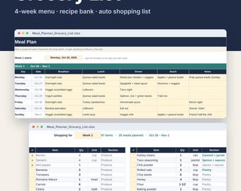 Meal Planner Spreadsheet for Google Sheets & Excel, Weekly Menu + Auto Grocery List, Recipe Organizer