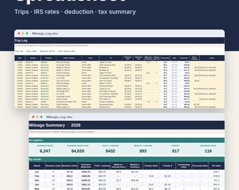 Mileage Log Spreadsheet 2027 for Excel & Google Sheets, IRS Mileage Tracker + Tax Deduction Calculator