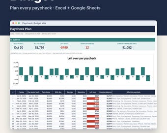 Paycheck Budget Spreadsheet for Excel & Google Sheets, Biweekly Budget Planner + Bill Calendar