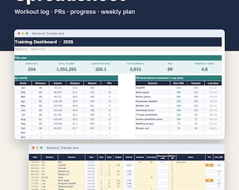Workout Tracker Spreadsheet 2027, Google Sheets & Excel Gym Log with PRs + Fitness Planner