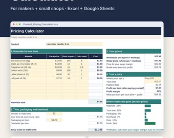 Product Pricing Calculator for Excel & Google Sheets, Handmade Business Cost + Profit Spreadsheet