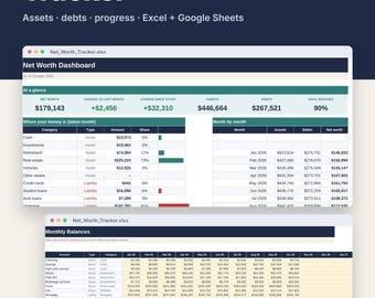 Net Worth Tracker Spreadsheet for Excel & Google Sheets, Monthly Assets + Debts Wealth Tracker