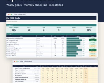 Goal Planner 2027 Spreadsheet for Google Sheets & Excel, New Year Goal Tracker + Monthly Check-Ins
