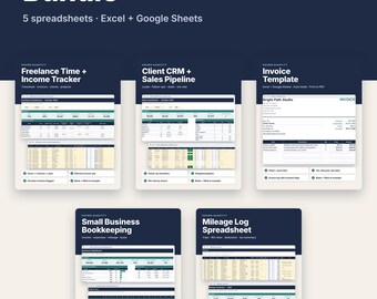 Freelancer Spreadsheet Bundle for Excel & Google Sheets, Time Tracker, CRM, Invoice, Bookkeeping + Mileage