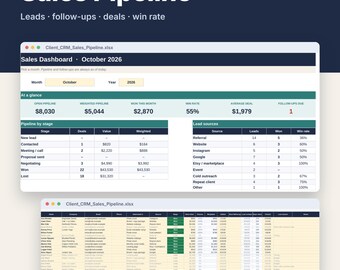 Client CRM Spreadsheet for Small Business, Excel & Google Sheets Sales Pipeline, Lead + Follow-Up Tracker