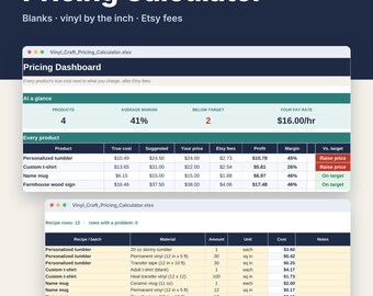 Vinyl Craft Pricing Calculator Spreadsheet, Tumbler, Shirt + Decal Cost and Profit Template for Excel