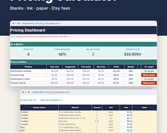 Sublimation Pricing Calculator Spreadsheet for Excel & Google Sheets, Tumbler, Mug + Shirt Cost and Profit