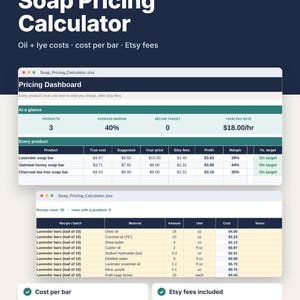 May include: A digital spreadsheet tool titled Known Quantity Soap Pricing Calculator. It displays a pricing dashboard with product margins and a recipe batch table listing ingredients like olive oil, shea butter, and lye in ounces.
