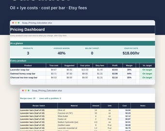 Soap Making Pricing Calculator for Excel & Google Sheets, Cost per Bar + Profit Spreadsheet