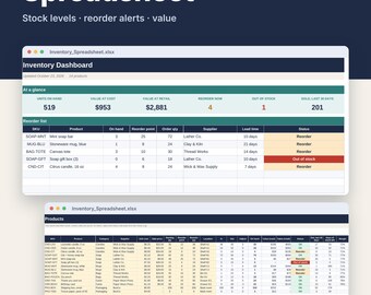 Inventory Spreadsheet for Excel & Google Sheets, Small Business Stock Tracker with Reorder Alerts