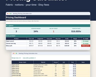 Sewing Pricing Calculator Spreadsheet for Excel & Google Sheets, Quilt + Handmade Bag Cost and Profit