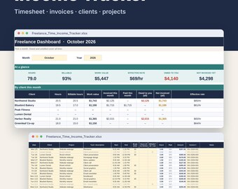 Freelance Time Tracker Spreadsheet for Excel & Google Sheets, Client Timesheet, Invoice + Income Log