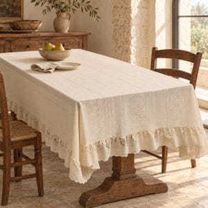 Ivory Lace Tablecloth with Ruffled Hem, Rectangular Floral Table Cover, French Country Decor(Beige)