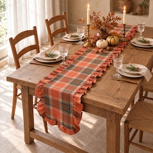 Rust Orange Plaid Table Runner with Ruffled Edges, Rustic Fall and Thanksgiving Table Decor