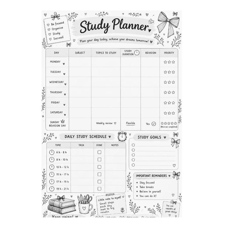Pink Study Planner Printable PDF | Aesthetic Student Daily & Weekly ...