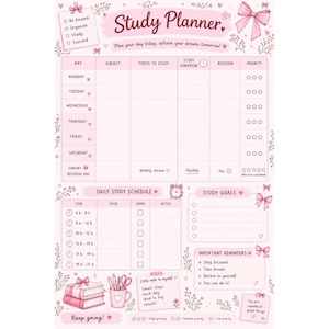 Peut inclure: Une feuille de planning d'étude rose avec un tableau d'emploi du temps hebdomadaire, un planning quotidien, des objectifs et des rappels. Le design présente des illustrations de nœuds, de fleurs et de livres avec le texte Study Planner.