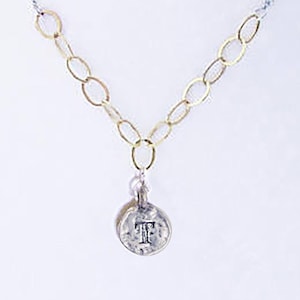 T Initial Necklace Mixed Metal Gold and Silver Chain Gift, Unique Initial Coin Necklace Gift with Mixed 14K Gold Filled & 925 Silver Chains