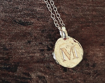 M Gold Plated Coin Necklace with Gold filled Chain, Preppy M Initial Pendant Handmade Jewelry, M Initial Letter Boyfriend Girlfriend Gift