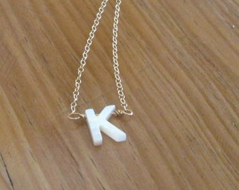 K Necklace Gold filled Chain W/ Initial K Mop Mother of Pearl Preppy Jewelry Gift, Gold / Sterling Silver Chain W/ Preppy "K" Letter Script