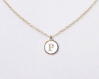 P Initial Pendant White Necklace Gift, Gold Plated over Brass P Letter Charm Typewriter Coin Necklace, P Initial White Coin Mom Letter Gift