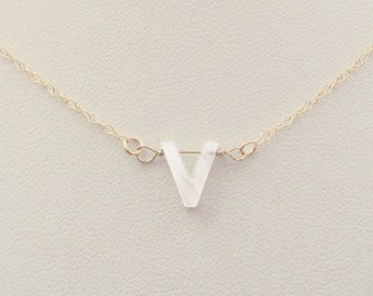 V White Initial Pearl Necklace Gold Filled Chain, Preppy 14K Gold Filled necklace with White "V" Mother of Pearl Script Letter Charm V Gift