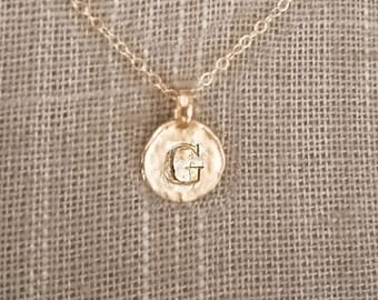 G Coin Necklace Gold Plated Charm, G Letter Initial Necklace Bridesmaid Gift, Dainty Gold Filled Chain with Gold Plated G Coin Charm Choker