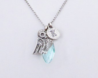 Bird Owl K initial Necklace Silver Blue Stone Pendant, Silver K Letter Coin Charm and Owl Bird Necklace with Blue Glass Stone for Mom gift