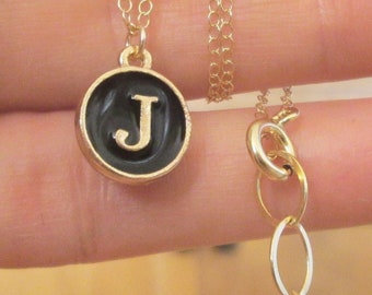 Gold Black J Letter Initial Necklace, Personalized Gold Filled Chain with Gold Plated Enamel Black "J" Letter Typewriter Coin Necklace Gift