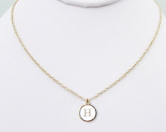 H initial white letter necklace, gold plated H letter coin necklace, gold white typewriter charm birthday choker, best friend H initial gift