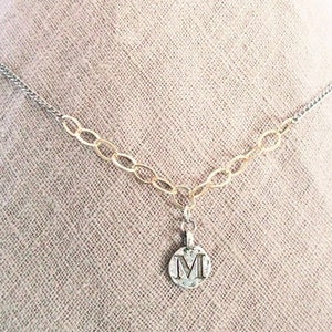 M Initial Coin Necklace Gold and Silver Mixed Metal beautiful Valentine&#39;s Day Gift, M Letter Coin Charm Choker, Mixed Metal Pendant Necklace