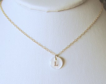 L Pendant Necklace Gift, 14k Gold Filled Chain w/ White Flat Pearl Coin, L Initial Necklace, White Pearl Nacre Mother of Pearl Coin Necklace