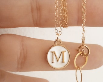 M Initial White Necklace Gold Filled Chain with White Coin, Dainty M Initial Letter Gold Plated Brass R Coin Necklace For Best Friend Gift