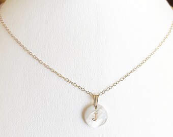White J Pearl Initial Necklace Gold Filled Chain, White Flat Nacre MOP Mother of Pear J Choker,  Tiny J Silver Letter Coin Letter Necklace