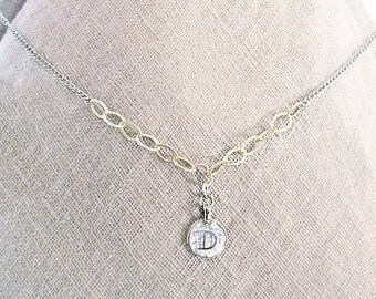 D Initial Letter Necklace Gold Silver Mixed Metal Choker Gift, D Letter Coin Choker Necklace, Sterling Silver with Gold Filled D Necklace