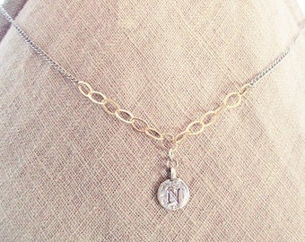 Mixed Gold Silver N Mother's Day Necklace Gift, N Initial Coin Necklace, Sterling Silver W/ 14K Gold Filled Chain High End "N" Mom Necklace