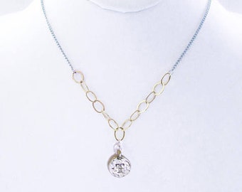 T Initial Necklace Mixed Metal Gold and Silver Chain Gift, Unique Initial Coin Necklace Gift with Mixed 14K Gold Filled & 925 Silver Chains