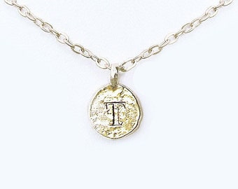 T Necklace Gold Plated Initial Letter T Coin Charm Gold Plated Mom Gift, T Pendant Choker Necklace, Birthday Sterling Silver Letter Necklace