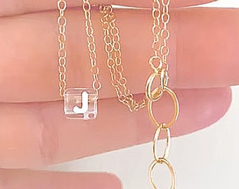 Tiny Minimalist Clear J Necklace Gold Filled Chain, Dainty Clear Acrylic White Square Charm Choker Gift, Great Layered Base Choker Necklace
