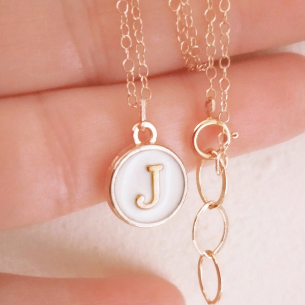 J initial coin necklace, gold "J" letter coin necklace, gold with  white typewriter charm birthday chokers, best J initial jewelry gifts