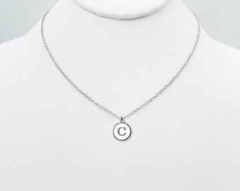 C silver white typewriter necklace, silver white C initial coin best friend necklace gift, silver typewriter "C" letter charm necklace gift