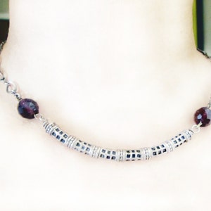 Red Garnet Edgy Choker Sterling Oxidized Silver Figure 8 Chain Necklace Gift, Unique Garnet Beads Silver Choker, Dark Red January Birthstone